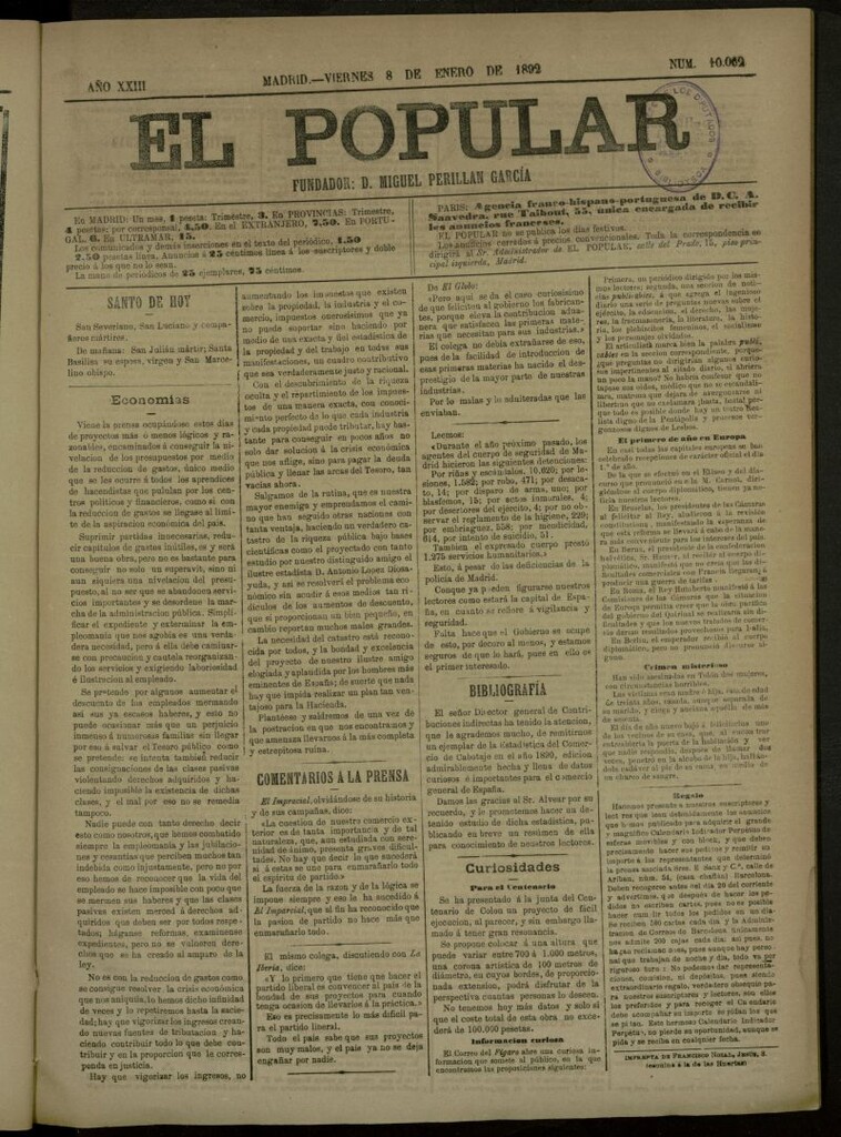 Miniatura de El Popular: diario independiente, político, literario y de noticias de interés general del 8 de enero de 1892, nº 10062