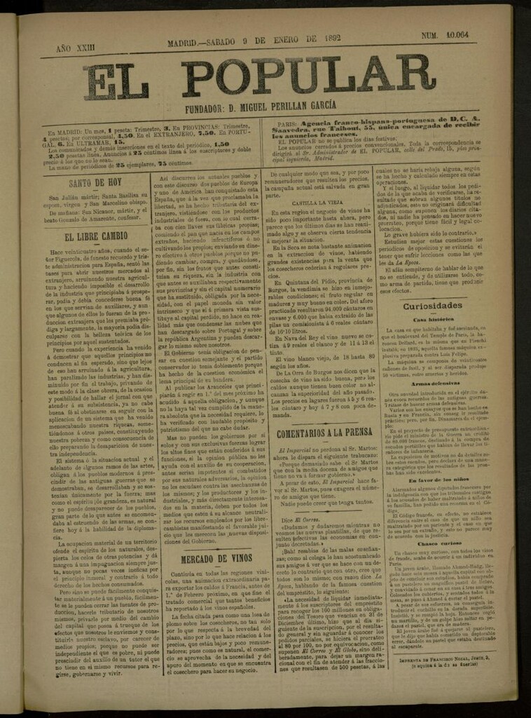 Miniatura de El Popular: diario independiente, político, literario y de noticias de interés general del 9 de enero de 1892, nº 10064