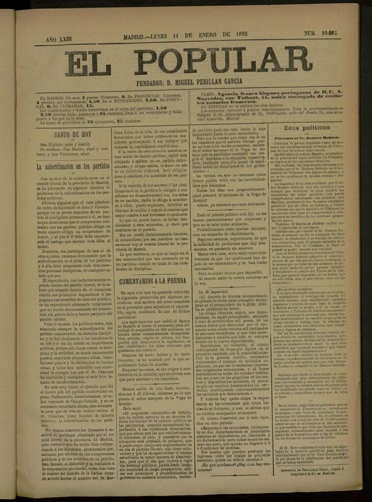 Miniatura de El Popular: diario independiente, político, literario y de noticias de interés general del 11 de enero de 1892, nº 10065