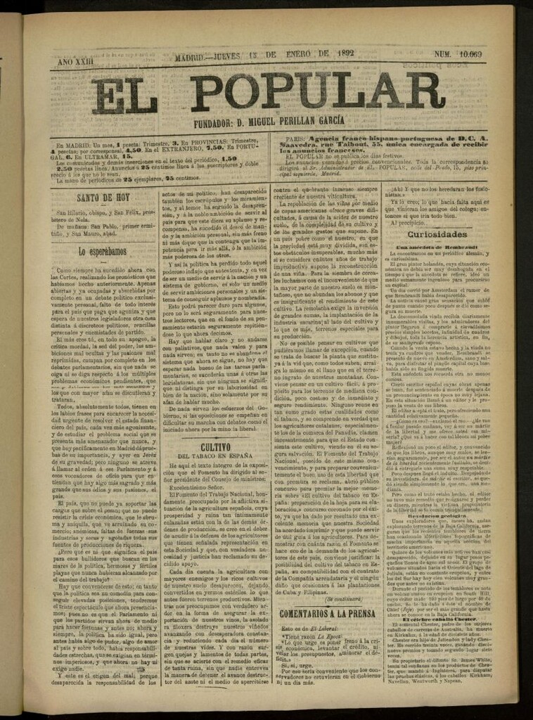 Miniatura de El Popular: diario independiente, político, literario y de noticias de interés general del 13 de enero de 1892, nº 10069