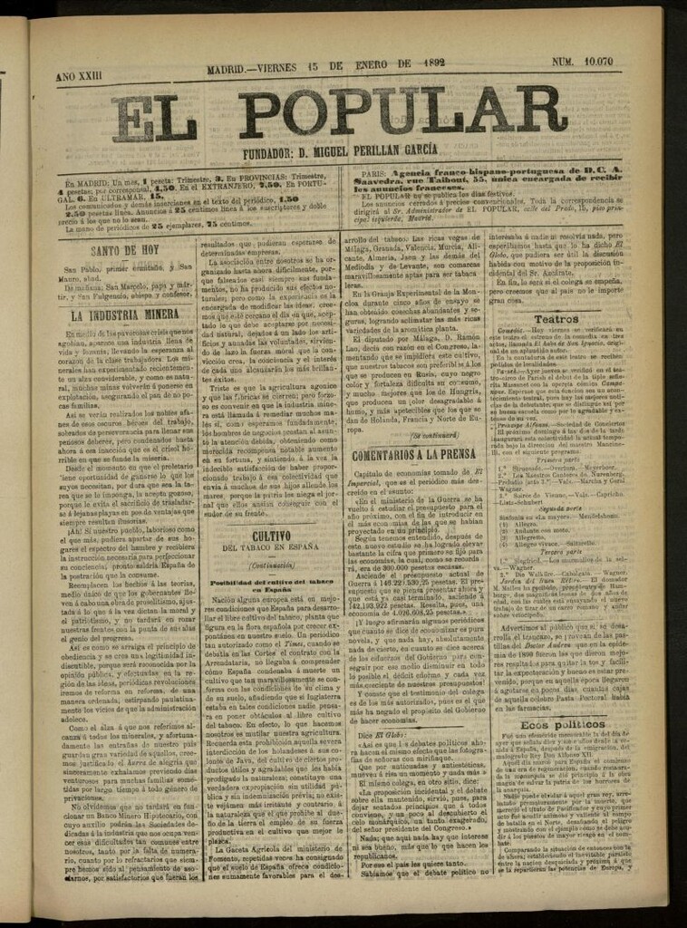 Miniatura de El Popular: diario independiente, político, literario y de noticias de interés general del 15 de enero de 1892, nº 10070