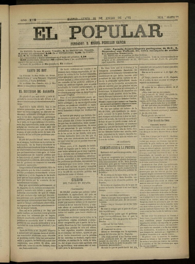 Miniatura de El Popular: diario independiente, político, literario y de noticias de interés general del 18 de enero de 1892, nº 10072