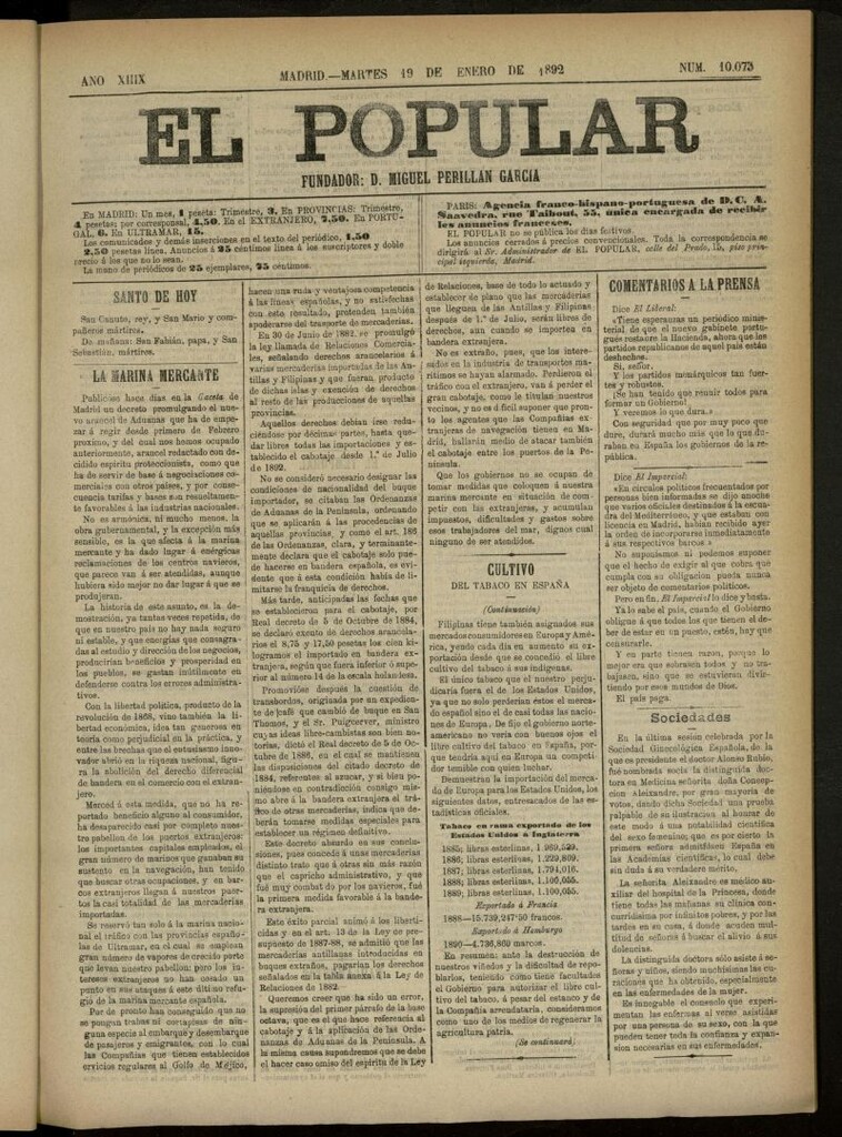Miniatura de El Popular: diario independiente, político, literario y de noticias de interés general del 19 de enero de 1892, nº 10073