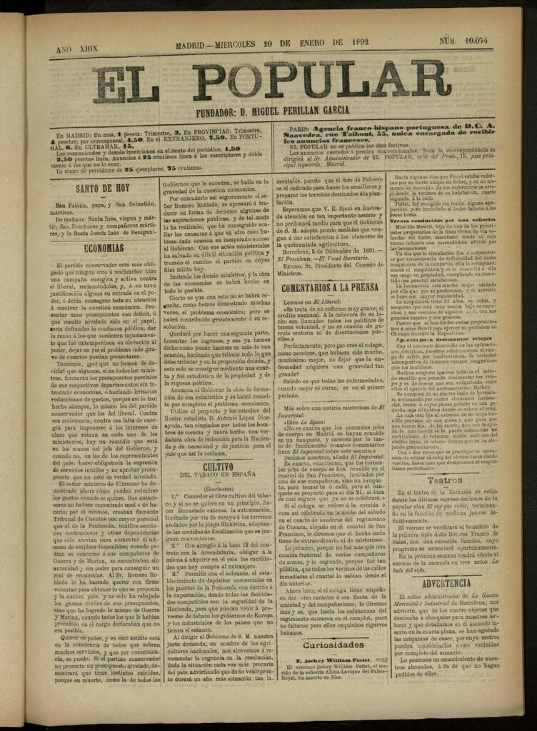 Miniatura de El Popular: diario independiente, político, literario y de noticias de interés general del 20 de enero de 1892, nº 10074