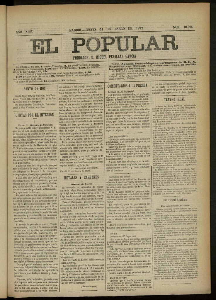 Miniatura de El Popular: diario independiente, político, literario y de noticias de interés general del 21 de enero de 1892, nº 10075