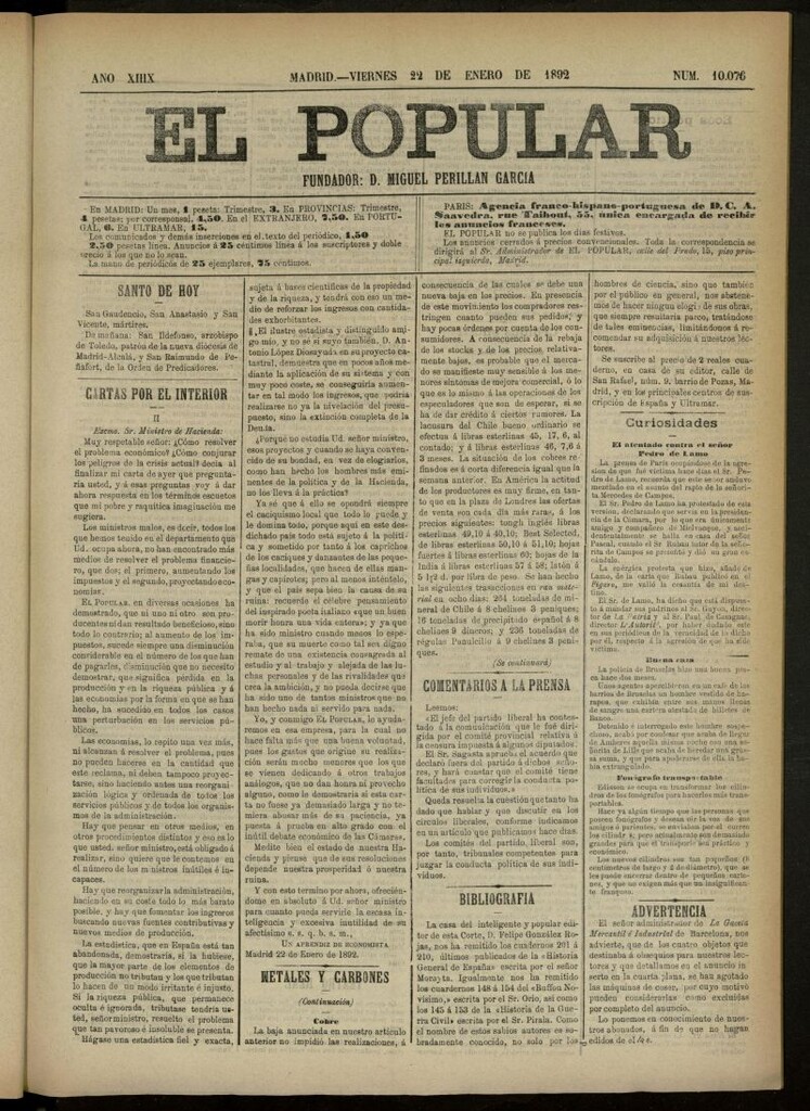 Miniatura de El Popular: diario independiente, político, literario y de noticias de interés general del 22 de enero de 1892, nº 10076