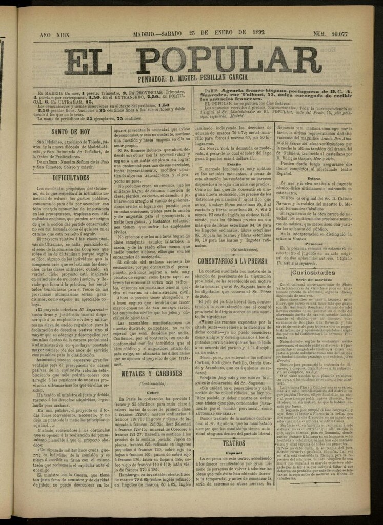 Miniatura de El Popular: diario independiente, político, literario y de noticias de interés general del 23 de enero de 1892, nº 10077