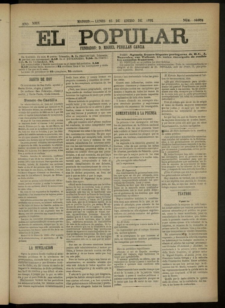Miniatura de El Popular: diario independiente, político, literario y de noticias de interés general del 23 de enero de 1892, nº 10078 [sic]
