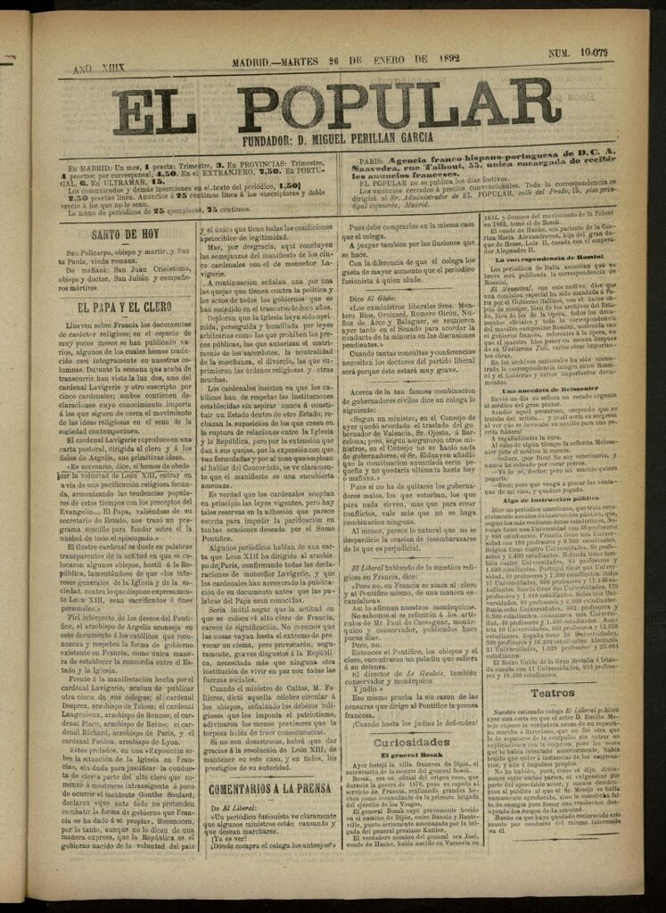 Miniatura de El Popular: diario independiente, político, literario y de noticias de interés general del 26 de enero de 1892, nº 10079