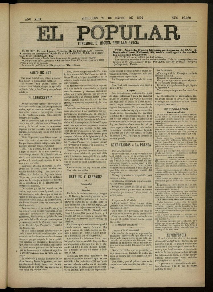 Miniatura de El Popular: diario independiente, político, literario y de noticias de interés general del 27 de enero de 1892, nº 10080