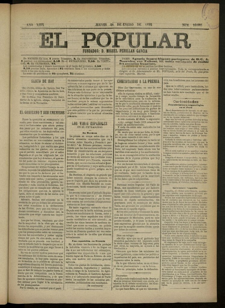 Miniatura de El Popular: diario independiente, político, literario y de noticias de interés general del 28 de enero de 1892, nº 10081