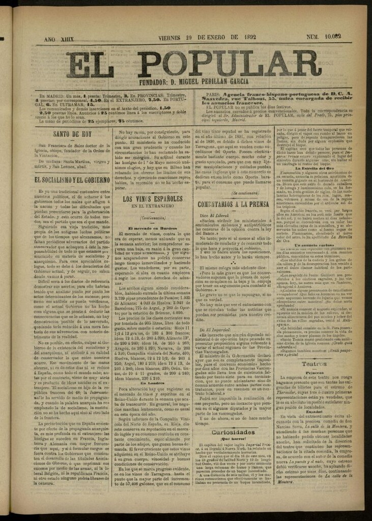 Miniatura de El Popular: diario independiente, político, literario y de noticias de interés general del 29 de enero de 1892, nº 10082