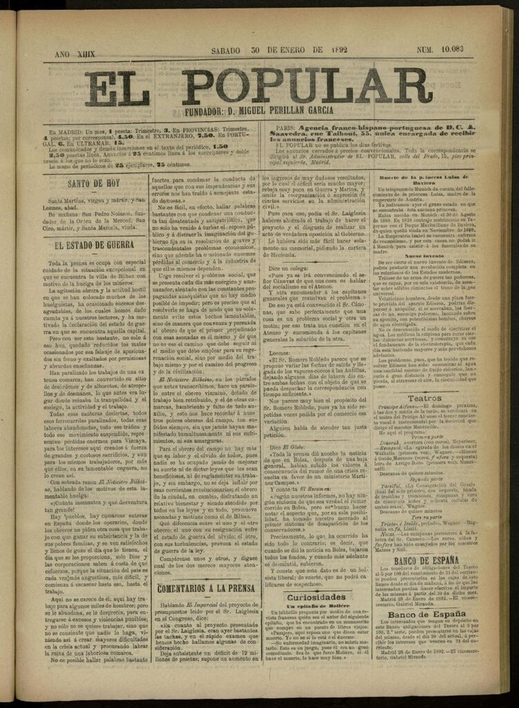 Miniatura de El Popular: diario independiente, político, literario y de noticias de interés general del 30 de enero de 1892, nº 10083