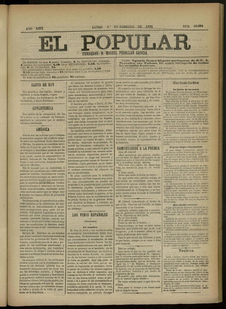 Miniatura de El Popular: diario independiente, político, literario y de noticias de interés general del 1 de febrero de 1892, nº 10084