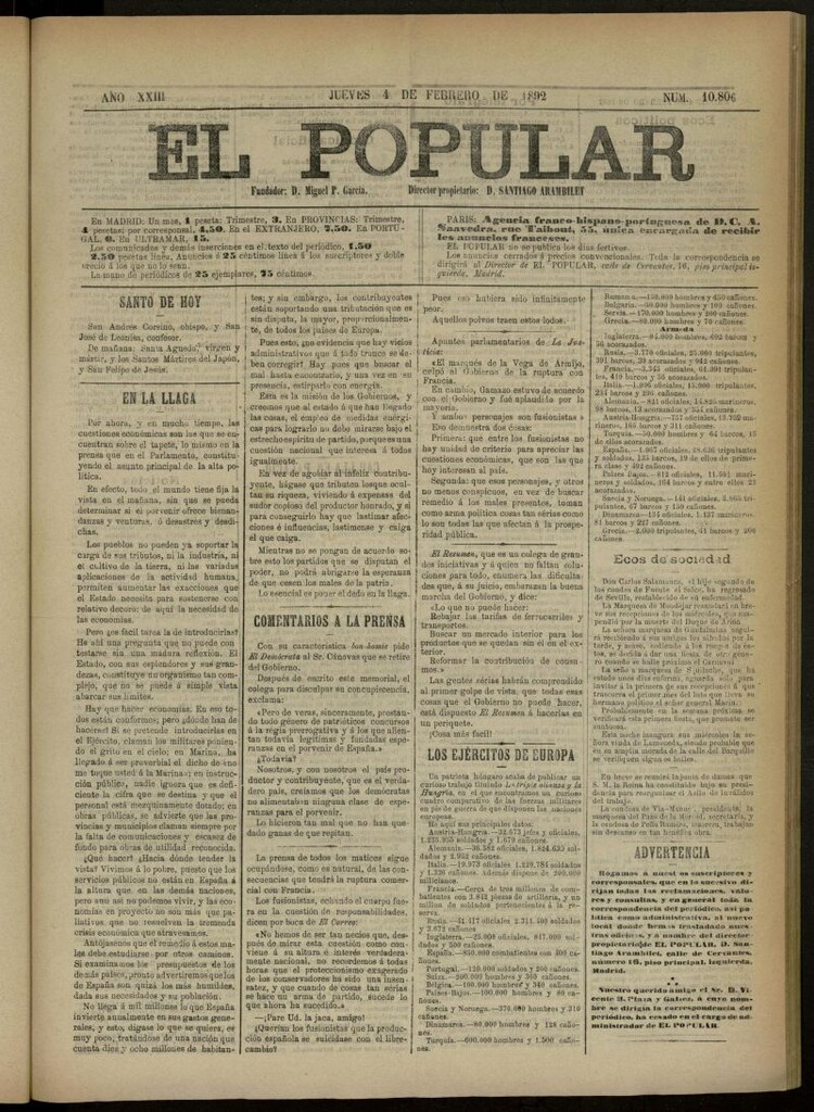 Miniatura de El Popular: diario independiente, político, literario y de noticias de interés general del 4 de febrero de 1892, nº 10806 [sic]