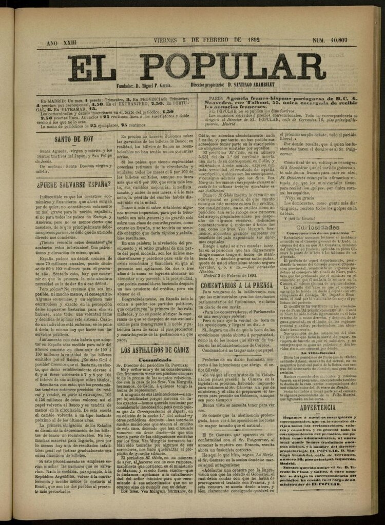 Miniatura de El Popular: diario independiente, político, literario y de noticias de interés general del 5 de febrero de 1892. nº 10807 [sic]