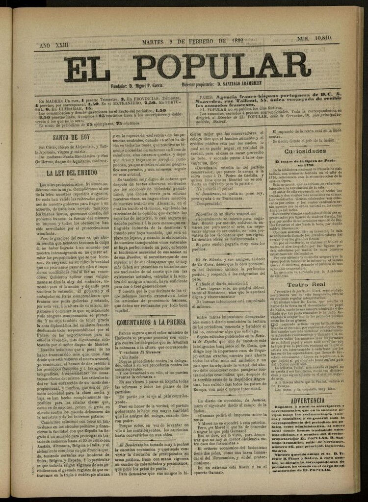 Miniatura de El Popular: diario independiente, político, literario y de noticias de interés general del 9 de febrero de 1892, nº 10810 [sic]