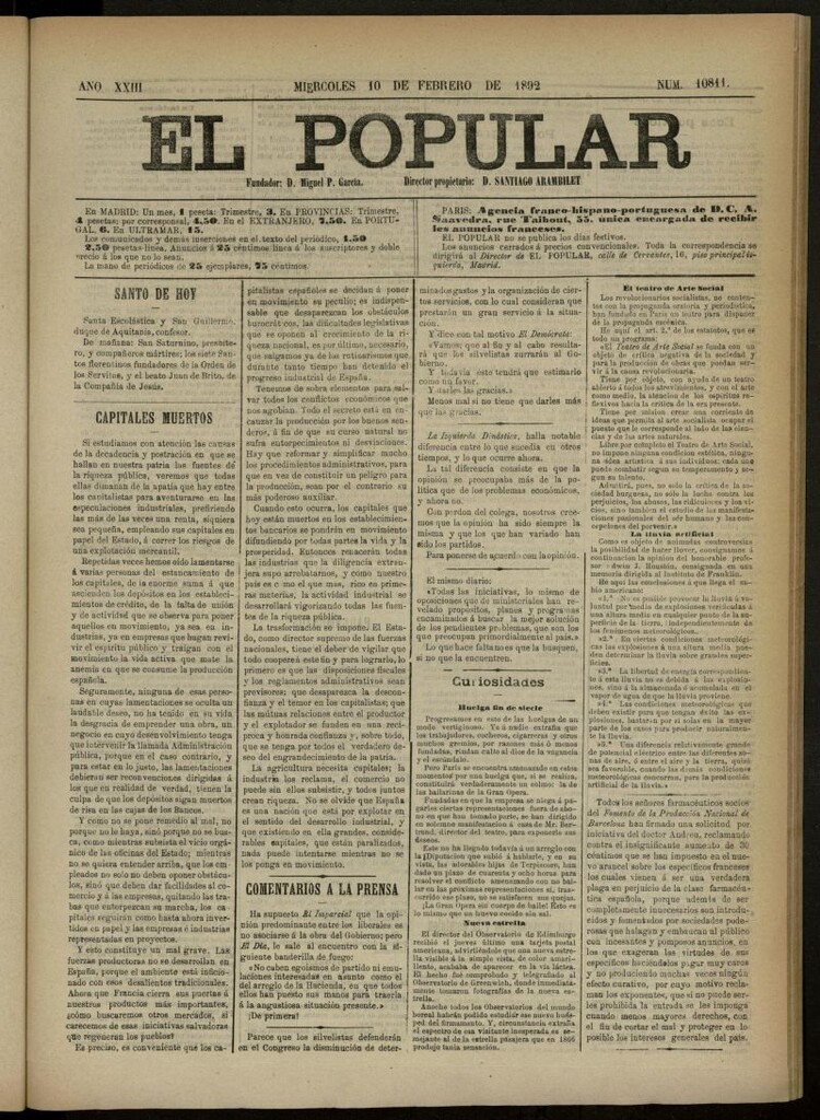 Miniatura de El Popular: diario independiente, político, literario y de noticias de interés general del 10 de febrero de 1892, nº 10811 [sic]