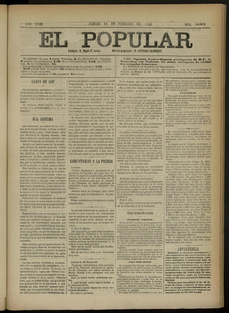 Miniatura de El Popular: diario independiente, político, literario y de noticias de interés general del 11 de febrero de 1892, nº 10812 [sic]