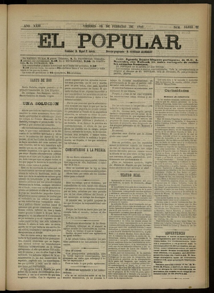 Miniatura de El Popular: diario independiente, político, literario y de noticias de interés general del 12 de febrero de 1892, nº 10813 [sic]