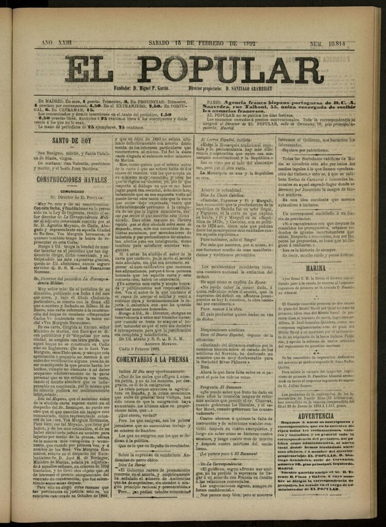 Miniatura de El Popular: diario independiente, político, literario y de noticias de interés general del 13 de febrero de 1892, nº 10814 [sic]