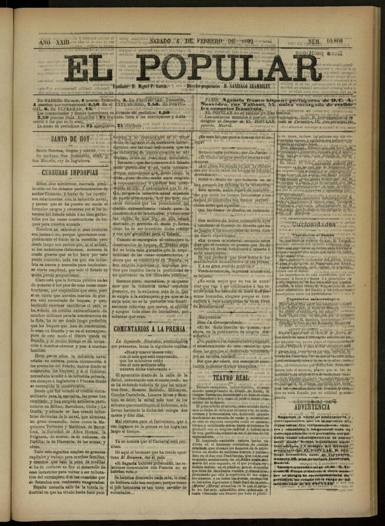 Miniatura de El Popular: diario independiente, político, literario y de noticias de interés general del 6 de febrero de 1892, nº 10808 [sic]