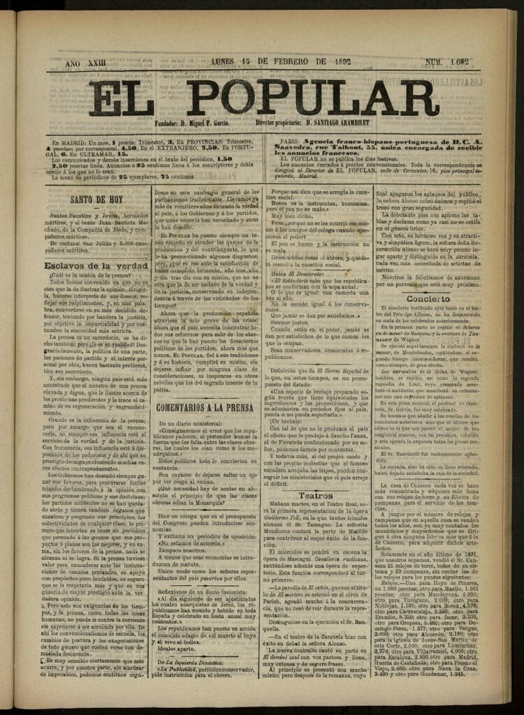Miniatura de El Popular: diario independiente, político, literario y de noticias de interés general del 15 de febrero de 1892, nº 1082 [sic]