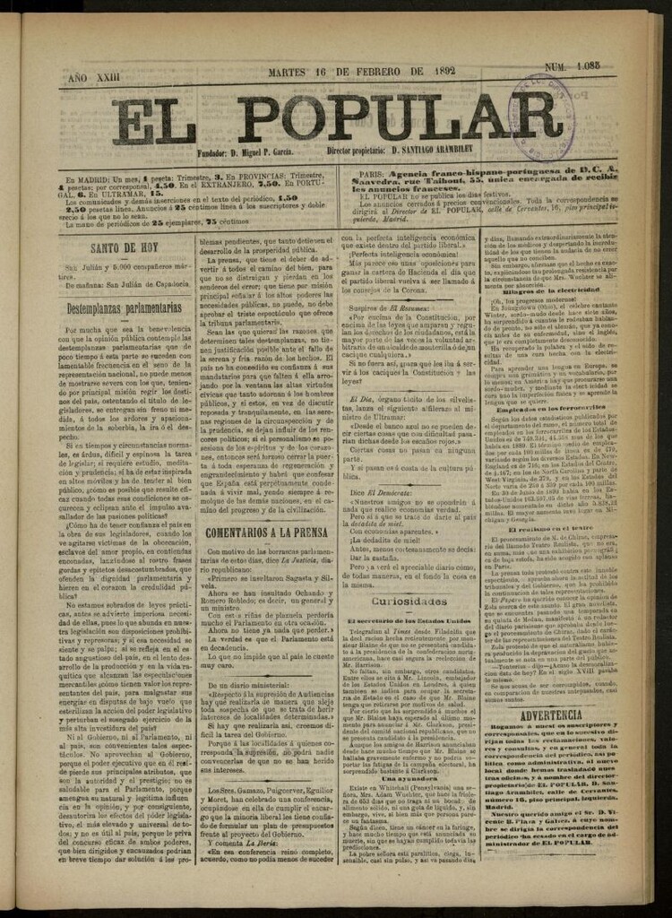Miniatura de El Popular: diario independiente, político, literario y de noticias de interés general del 16 de febrero de 1892, nº 1083 [sic]