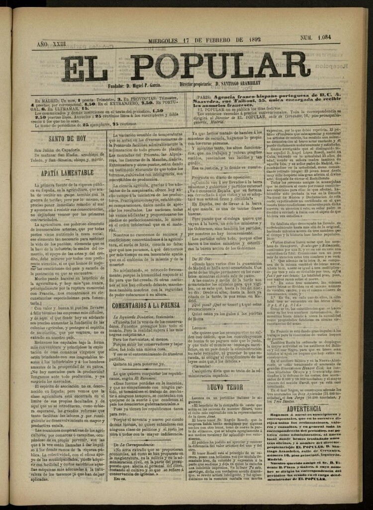 Miniatura de El Popular: diario independiente, político, literario y de noticias de interés general del 17 de febrero de 1892, nº 1084 [sic]