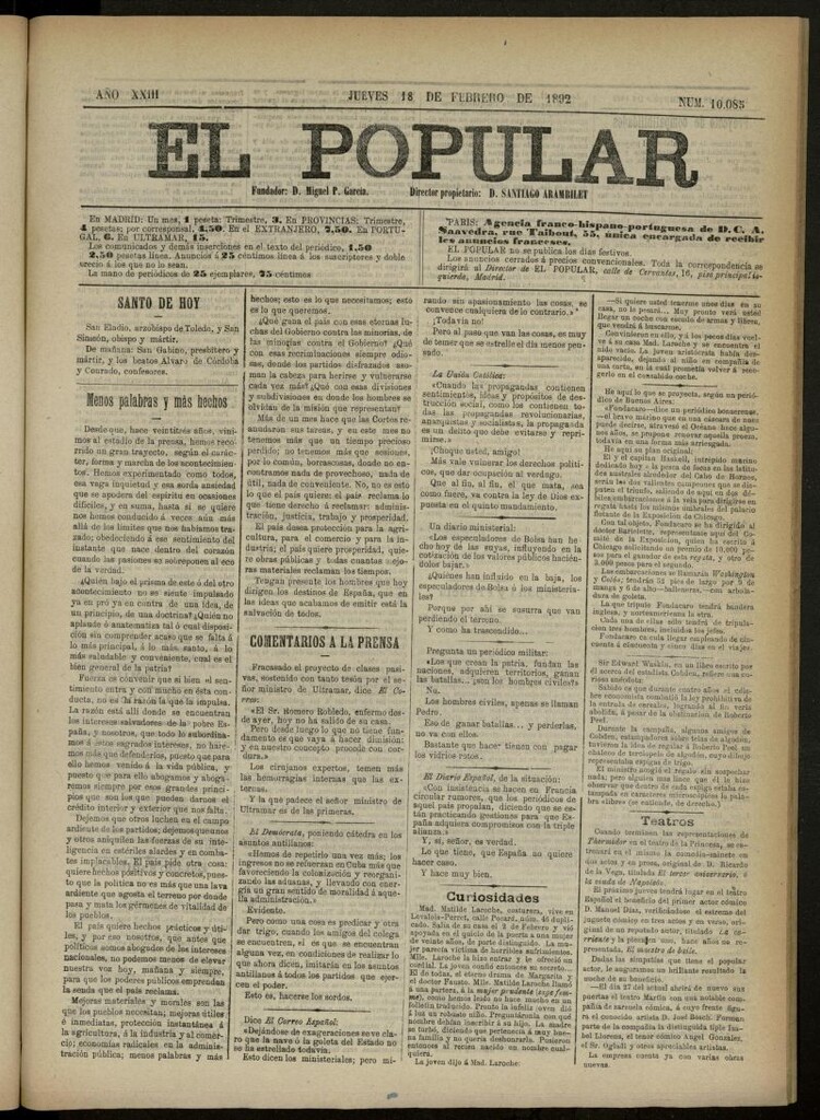 Miniatura de El Popular: diario independiente, político, literario y de noticias de interés general del 18 de febrero de 1892, nº 10085 [sic]