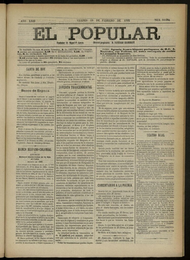 Miniatura de El Popular: diario independiente, político, literario y de noticias de interés general del 19 de febrero de 1892, nº 10086