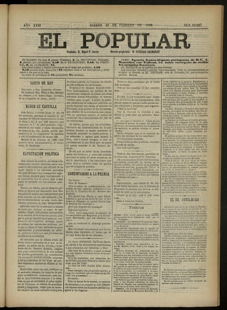 Miniatura de El Popular: diario independiente, político, literario y de noticias de interés general del 20 de febrero de 1892, nº 10087