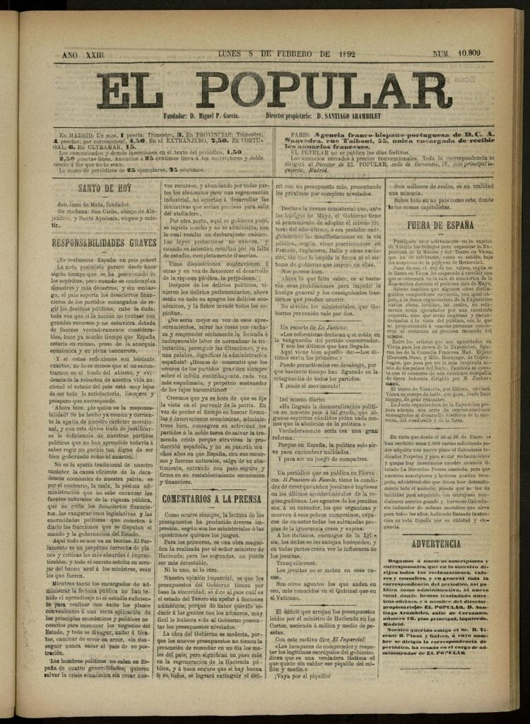 Miniatura de El Popular: diario independiente, político, literario y de noticias de interés general del 8 de febrero de 1892, nº 10809