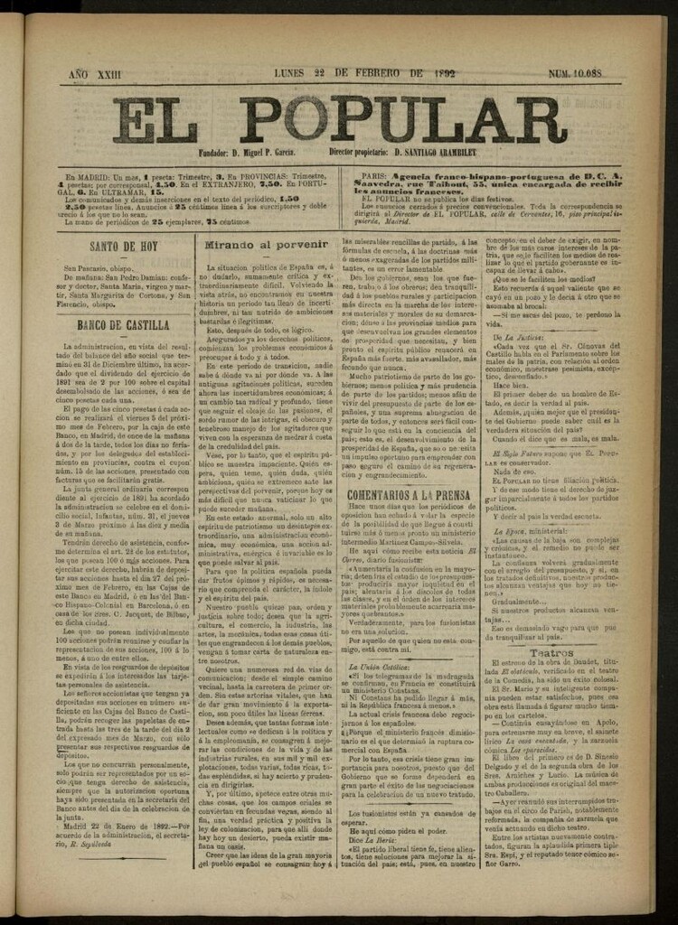 Miniatura de El Popular: diario independiente, político, literario y de noticias de interés general del 22 de febrero de 1892, nº 10088