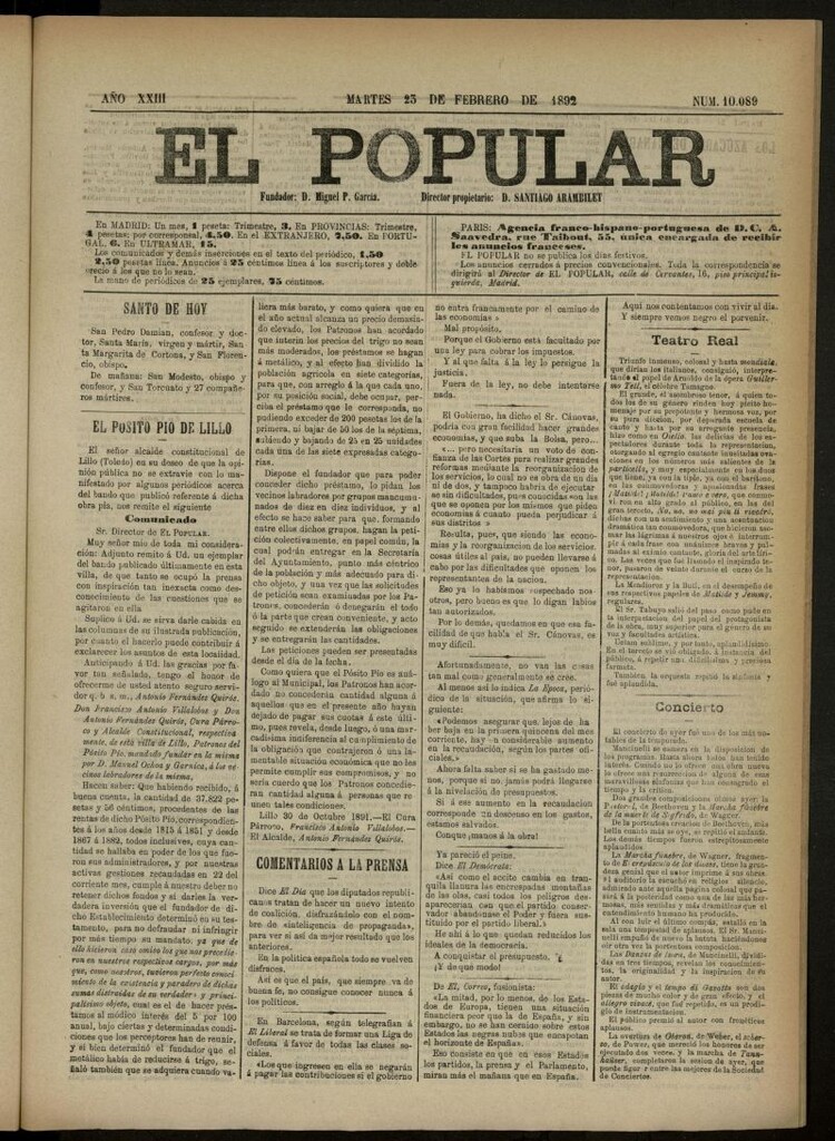 Miniatura de El Popular: diario independiente, político, literario y de noticias de interés general del 23 de febrero de 1892, nº 10089
