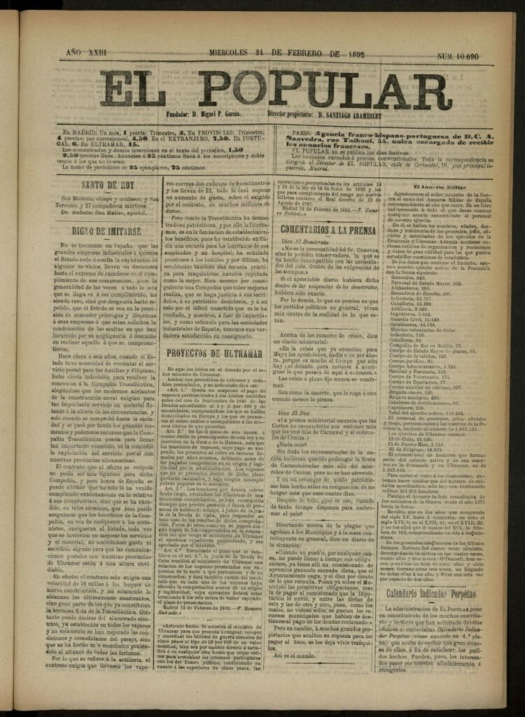 Miniatura de El Popular: diario independiente, político, literario y de noticias de interés general del 24 de febrero de 1892, nº 10090