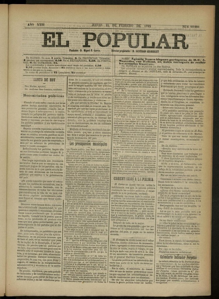 Miniatura de El Popular: diario independiente, político, literario y de noticias de interés general del 25 de febrero de 1892, nº 10091