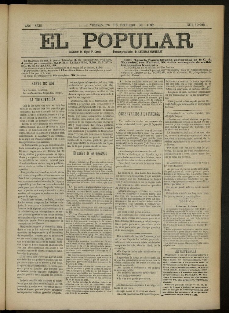 Miniatura de El Popular: diario independiente, político, literario y de noticias de interés general del 26 de febrero de 1892, nº 10092