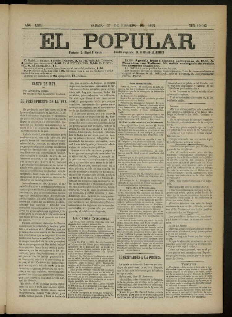 Miniatura de El Popular: diario independiente, político, literario y de noticias de interés general del 27 de febrero de 1892, nº 10093