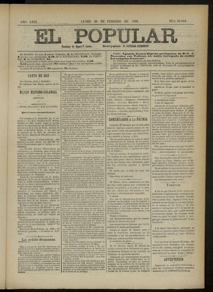 Miniatura de El Popular: diario independiente, político, literario y de noticias de interés general del 29 de febrero de 1892, nº 10094