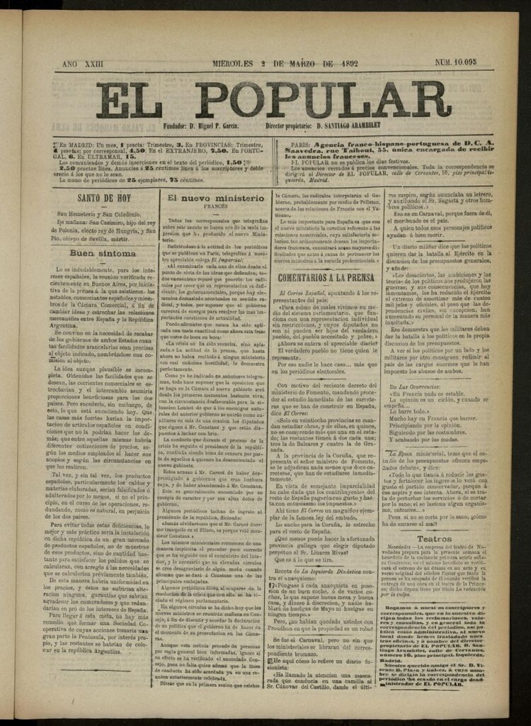 Miniatura de El Popular: diario independiente, político, literario y de noticias de interés general del 2 de marzo de 1892, nº 10095