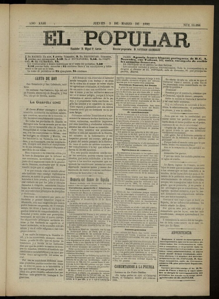 Miniatura de El Popular: diario independiente, político, literario y de noticias de interés general del 3 de marzo de 1892, nº 10096