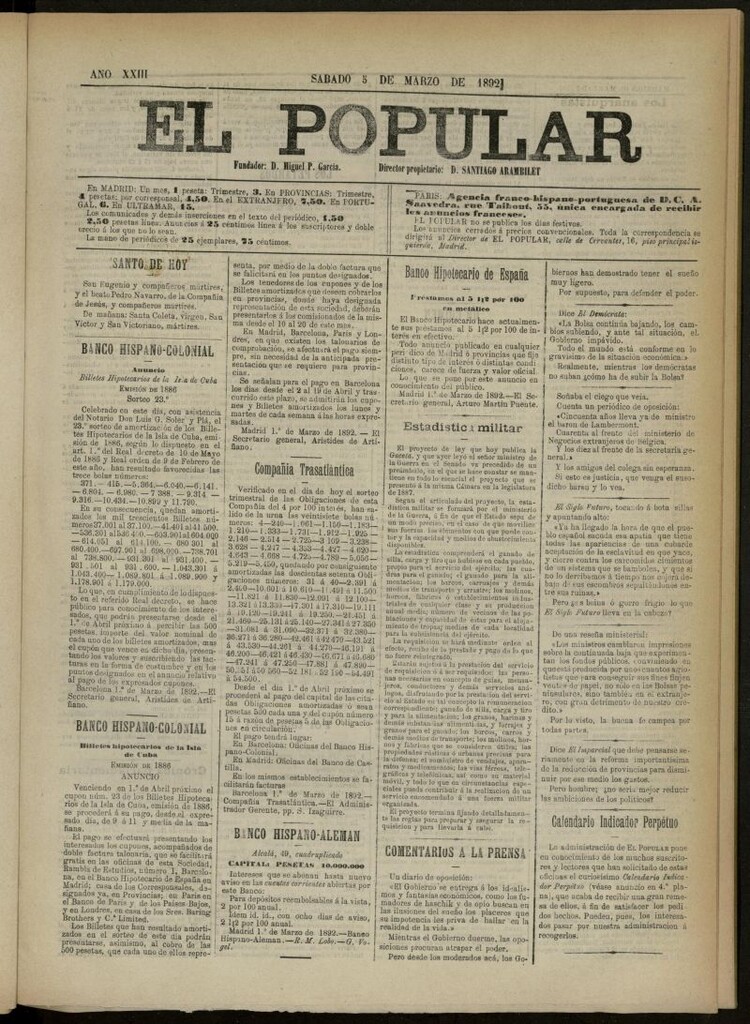 Miniatura de El Popular: diario independiente, político, literario y de noticias de interés general del 5 de marzo de 1892, nº 10098