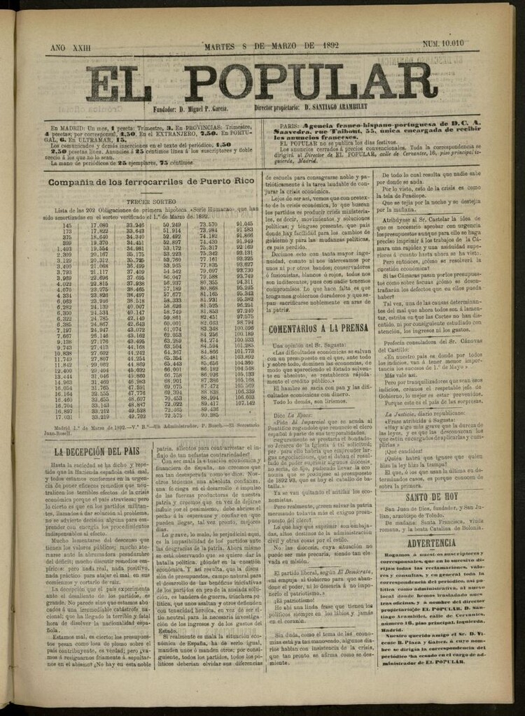 Miniatura de El Popular: diario independiente, político, literario y de noticias de interés general del 8 de marzo de 1892, nº 10010 [sic]