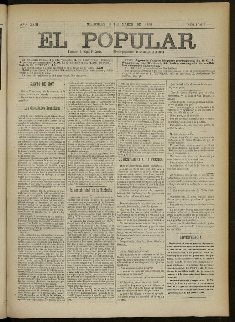 Miniatura de El Popular: diario independiente, político, literario y de noticias de interés general del 9 de marzo de 1892, nº 10011 [sic]