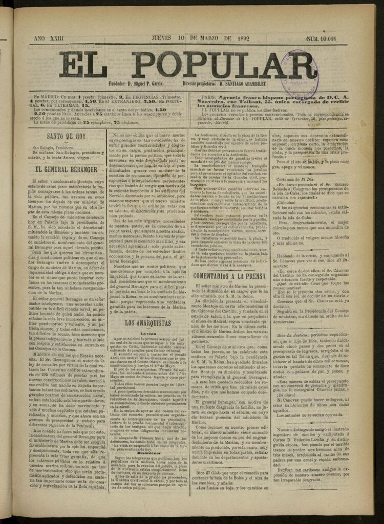 Miniatura de El Popular: diario independiente, político, literario y de noticias de interés general del 10 de marzo de 1892, nº 10011 [sic]