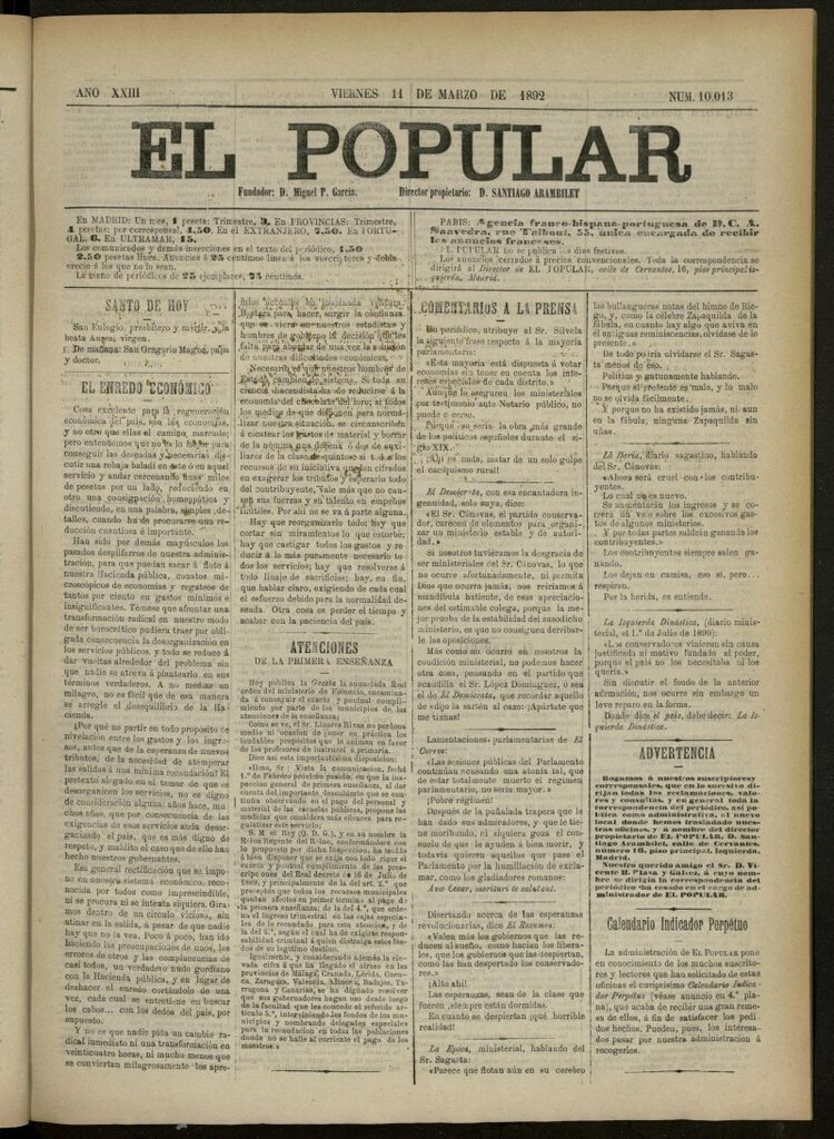 Miniatura de El Popular: diario independiente, político, literario y de noticias de interés general del 11 de marzo de 1892, nº 10013 [sic]
