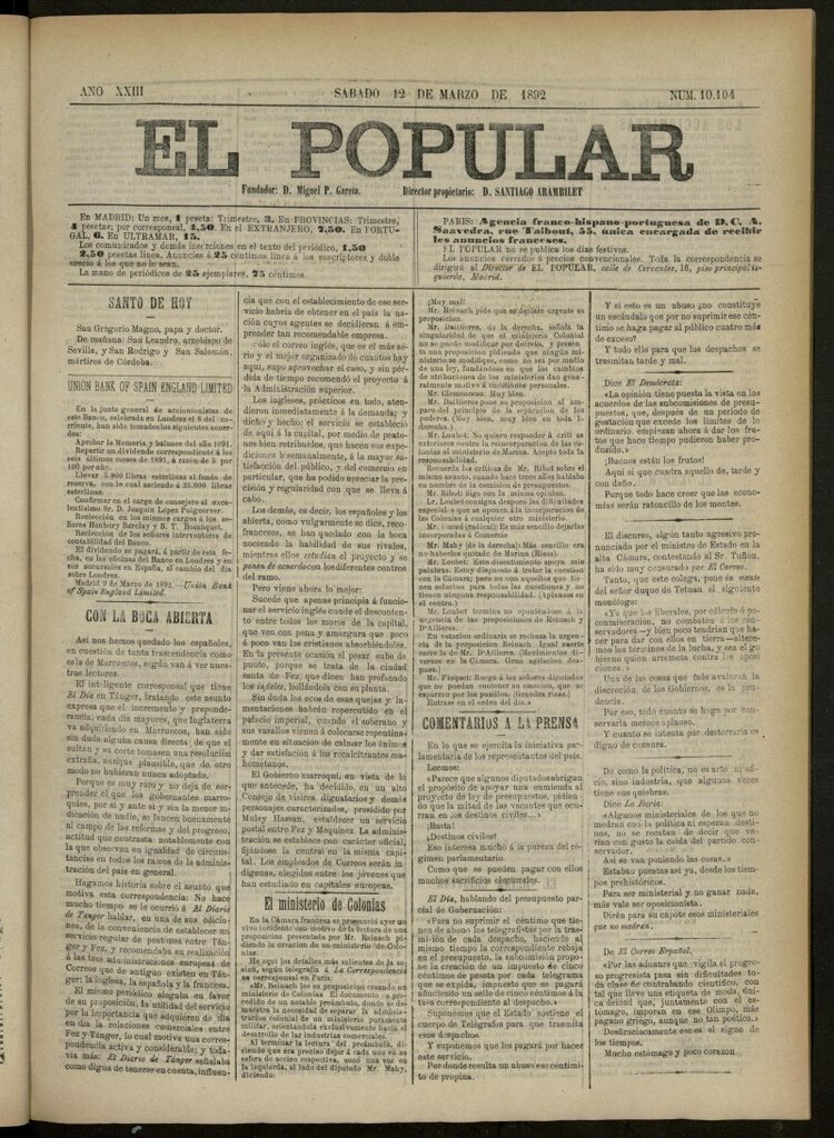 Miniatura de El Popular: diario independiente, político, literario y de noticias de interés general del 12 de marzo de 1892, nº10104
