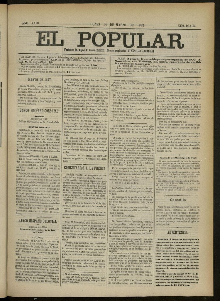 Miniatura de El Popular: diario independiente, político, literario y de noticias de interés general del 14 de marzo de 1892, nº10105