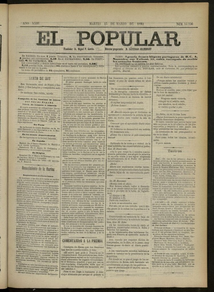 Miniatura de El Popular: diario independiente, político, literario y de noticias de interés general del 15 de marzo de 1892, nº10106